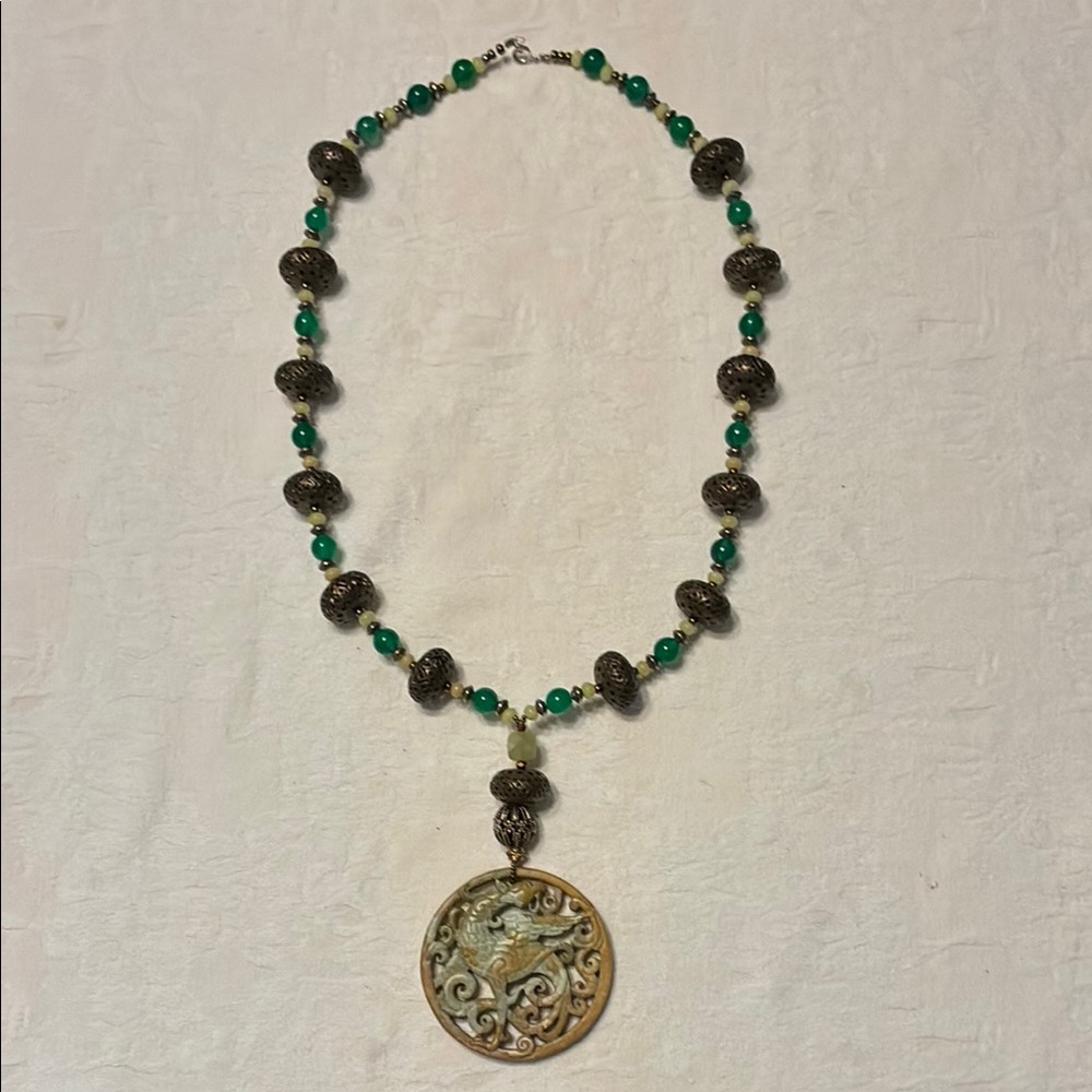 Elegant Green and Brass Statement Necklace